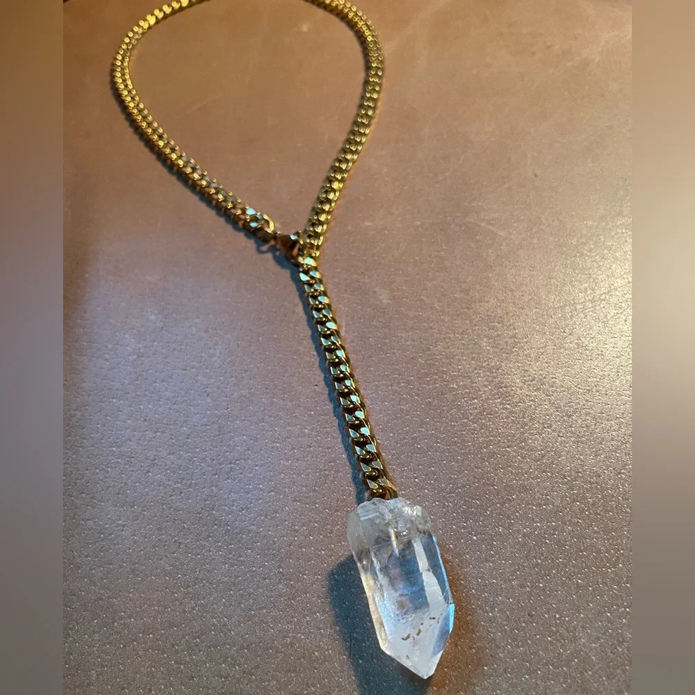Crystal quartz lariat necklace adjustable gold plated curb chain boho layering - Picture 4 of 6